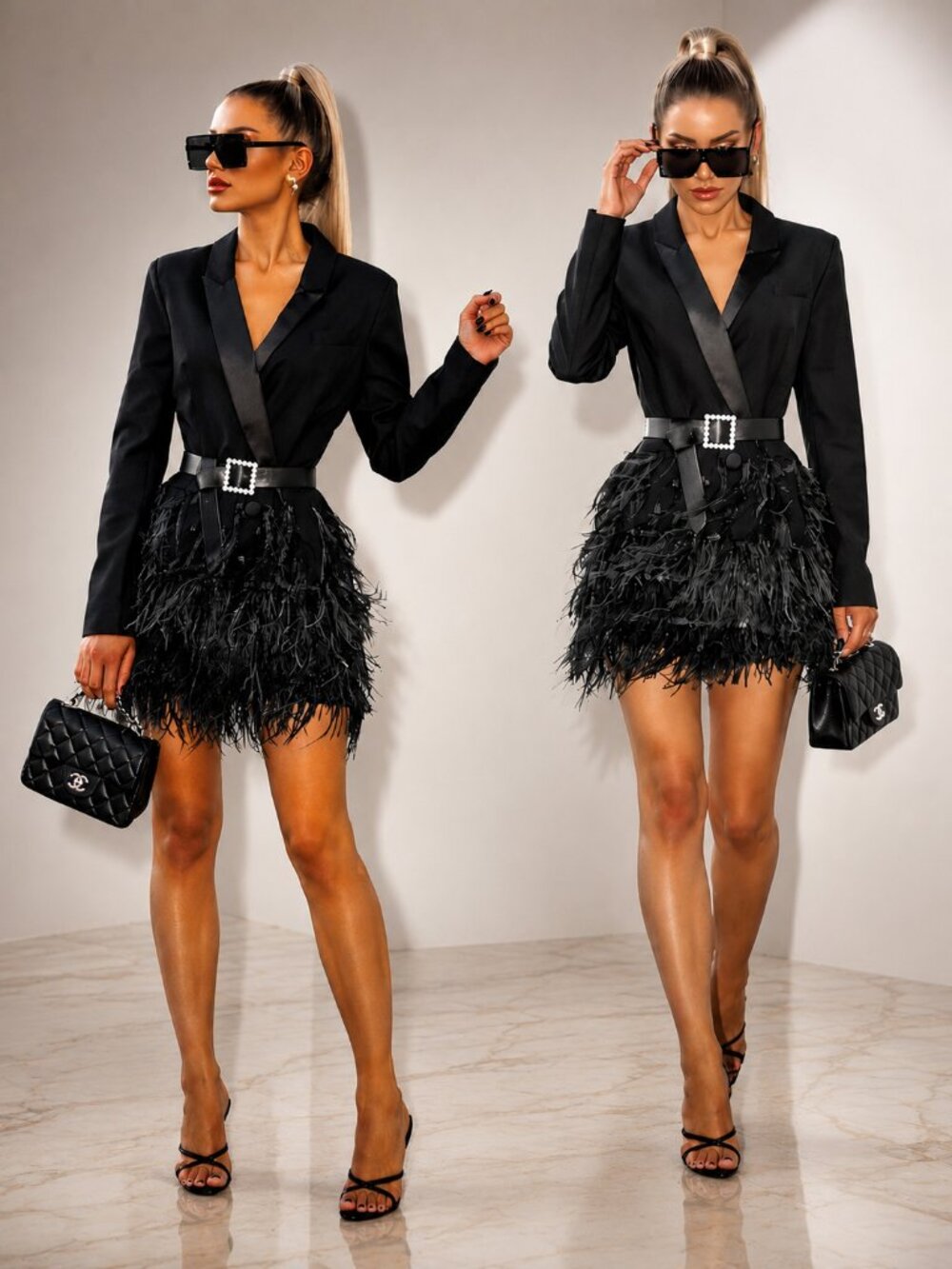 💥SEXY GLAM💥 LUX TUXEDO FEATHER HEM BLAZER DRESS in BLACK